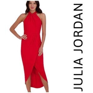 JULIA JORDAN - NWT - L Sz 8 Knot Neck Tulip Hem Midi Dress in Red Scuba Crepe ♥️